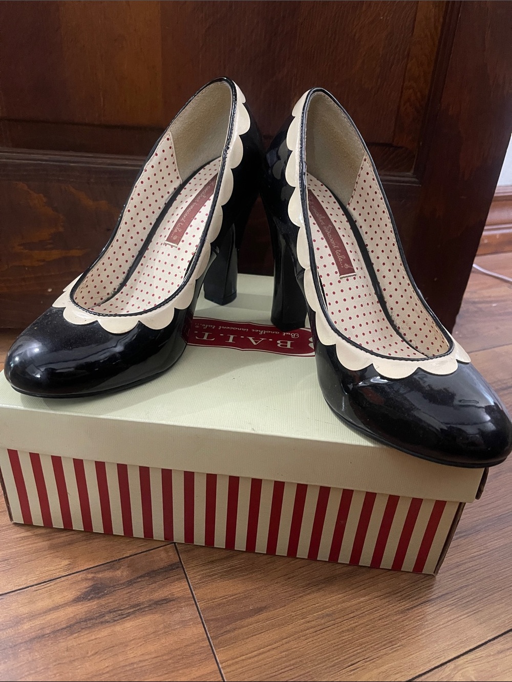 Black Patent Scalloped-Trim Block Heel Pumps - Women